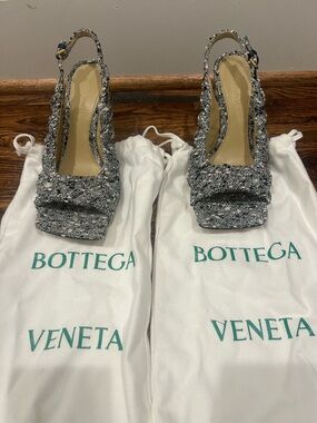 Bottega Veneta Black and White Tweed Slingback Heels
